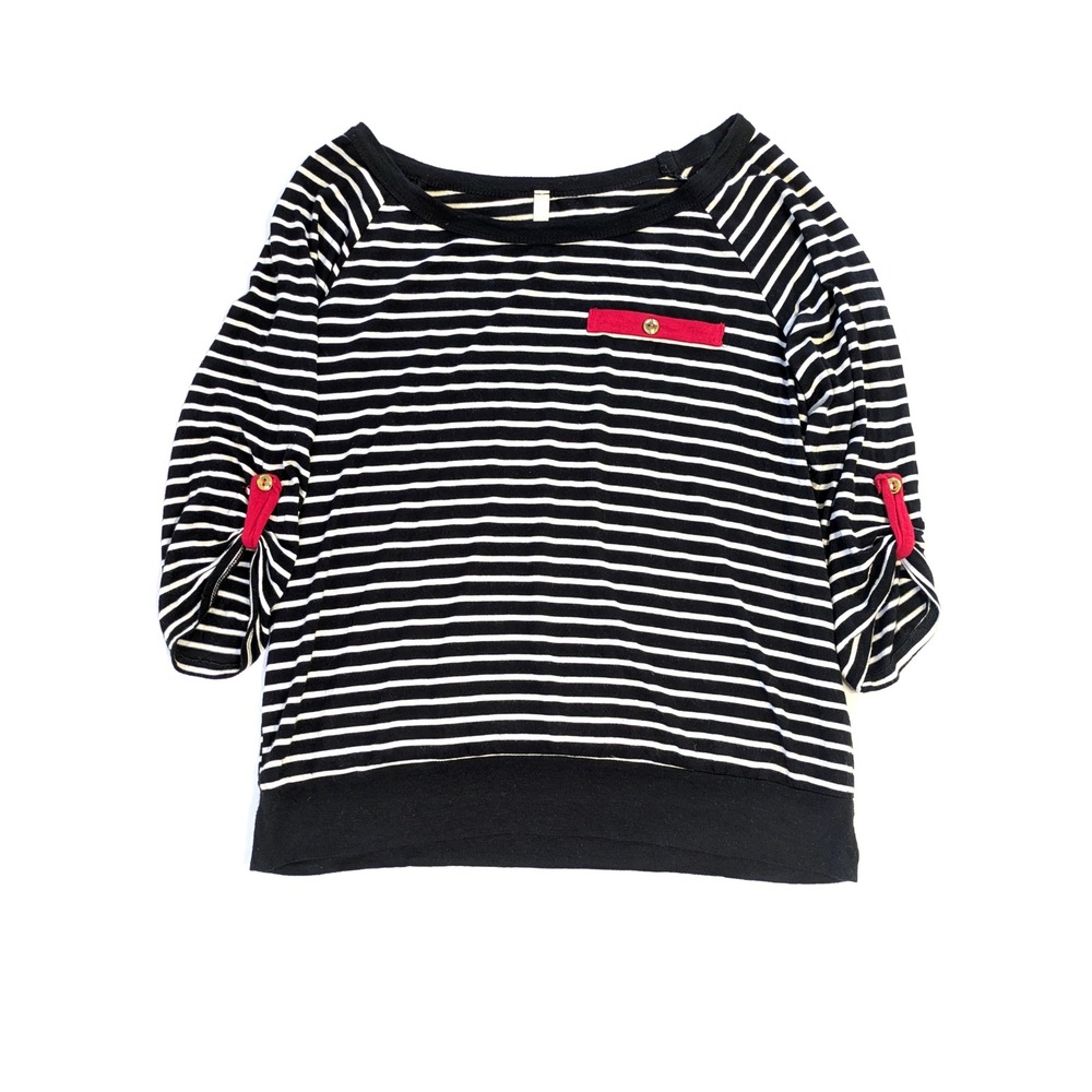 Chocolate USA Womens Large Black White Striped 3/4 Sleeve Button Tab Top Trim